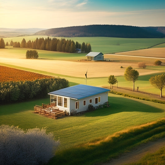 A serene rural landscape with a modern off-grid cabin in the distance, surrounded by a mix of solar panels, wind turbines, and a battery bank, connected by wires and conduit.