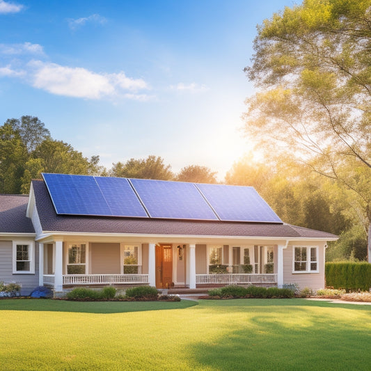 A serene suburban home with solar panels installed on its roof, surrounded by lush green trees and a bright blue sky with fluffy white clouds, emitting a warm golden glow.