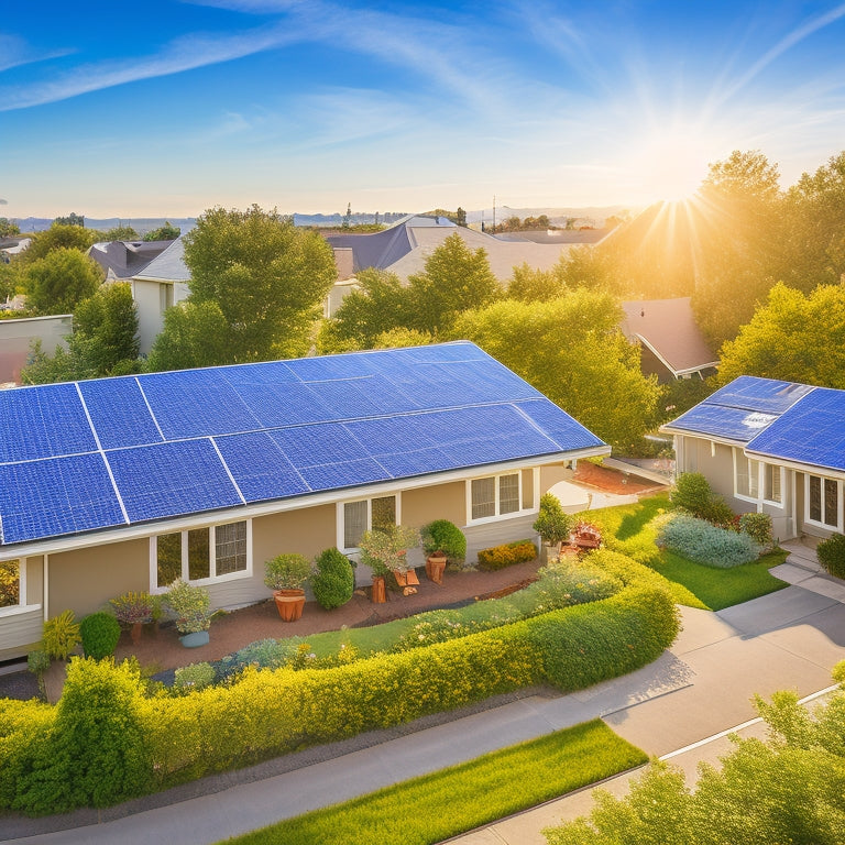 A serene suburban neighborhood with solar panels installed on rooftops, surrounded by lush greenery and a bright blue sky with a few wispy clouds, conveying a sense of sustainability and eco-friendliness.