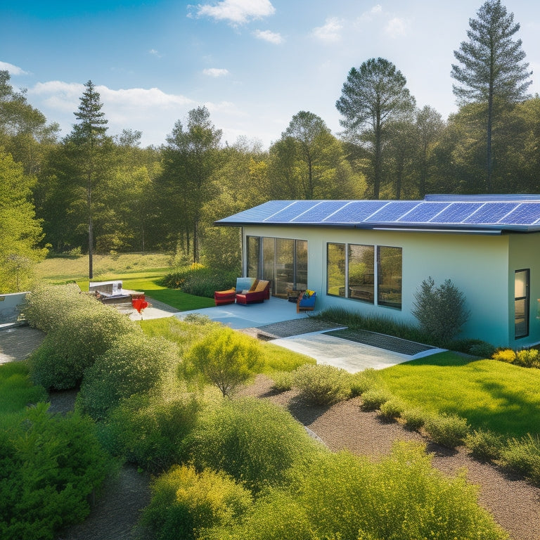 A modern home's backyard with a solar panel array on the roof, a sleek battery unit on the ground, and a series of colorful wires connecting them, amidst lush greenery and a sunny blue sky.