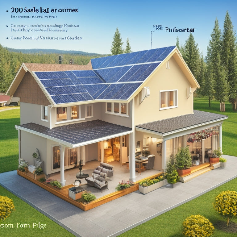 An illustration showing a 2000 sq ft home with various components labeled, including solar panels on the roof, a battery bank, an inverter, and electrical panels, with connecting wires and pipes.