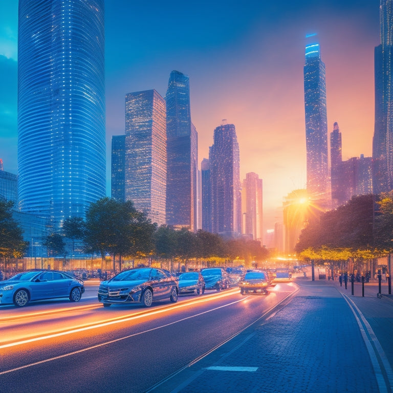 A futuristic cityscape at dusk with sleek, electric vehicles parked along a bustling street, surrounded by modern skyscrapers, with charging stations and glowing blue lines connecting them, symbolizing a smart grid.