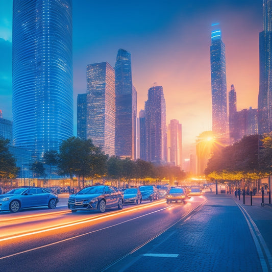 A futuristic cityscape at dusk with sleek, electric vehicles parked along a bustling street, surrounded by modern skyscrapers, with charging stations and glowing blue lines connecting them, symbolizing a smart grid.