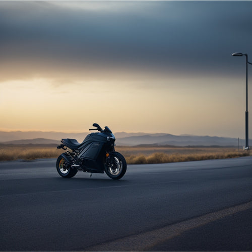 A solitary electric motorcycle, dark and sleek, stands abandoned on a desolate highway, surrounded by endless miles of open road, with a faint battery icon hovering above, drained of power.