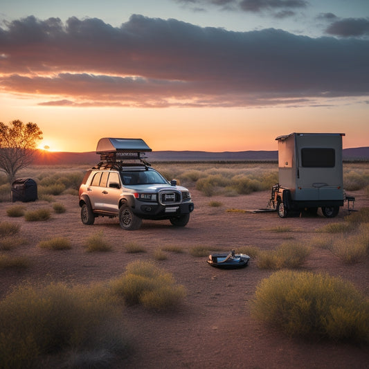 A serene wilderness landscape featuring a parked 4x4 vehicle with a roof-mounted solar panel, a portable battery pack, and a charging cable snaking out to a nearby camping setup at dusk.