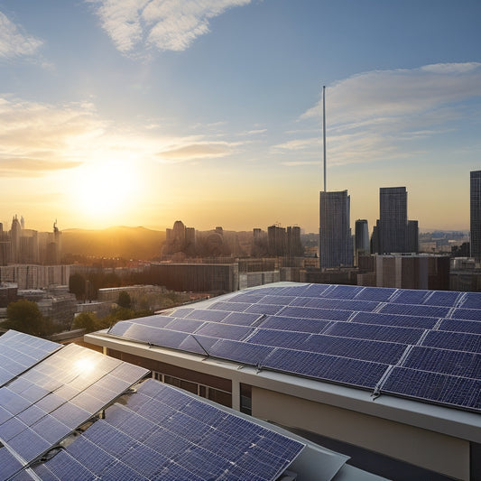 A modern, sleek rooftop with 10-15 wall-mounted solar panels in a staggered formation, angled towards the sun, with a subtle cityscape in the background, showcasing a clean and efficient energy solution.