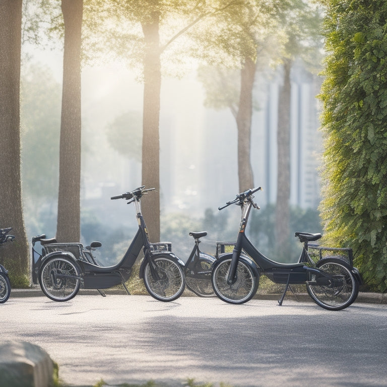 A serene cityscape with a handful of sleek, electric scooters and bicycles parked in a row, surrounded by lush greenery and a faint, eco-friendly leaf pattern in the background.