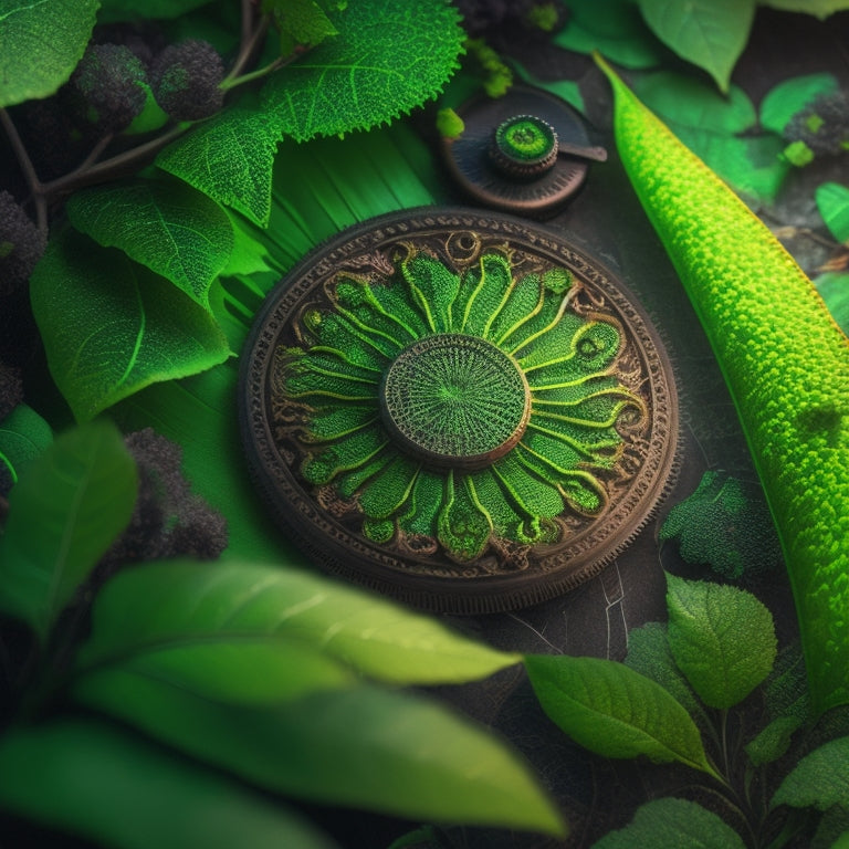 An intricate illustration featuring a stylized, glowing green leaf with tiny, interconnected gears and cogs, surrounded by swirling patterns of light, conveying innovative energy harvesting concepts.