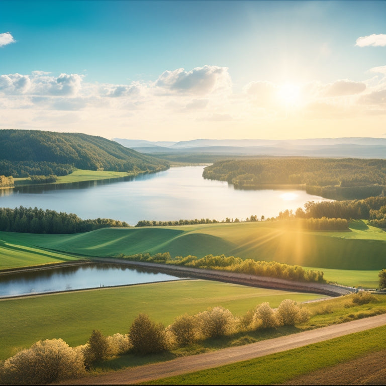 A serene landscape with a wind farm in the distance, solar panels on rooftops, and a hydroelectric dam in the foreground, surrounded by lush greenery and a sunny sky with a few white clouds.