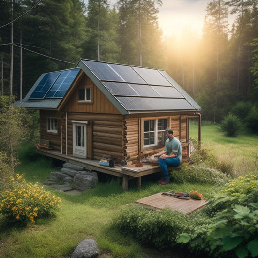 A serene off-grid cabin surrounded by lush greenery, with a solar panel array on the roof, and a person in the foreground, kneeling beside an open battery bank, with multimeter and wrench in hand.