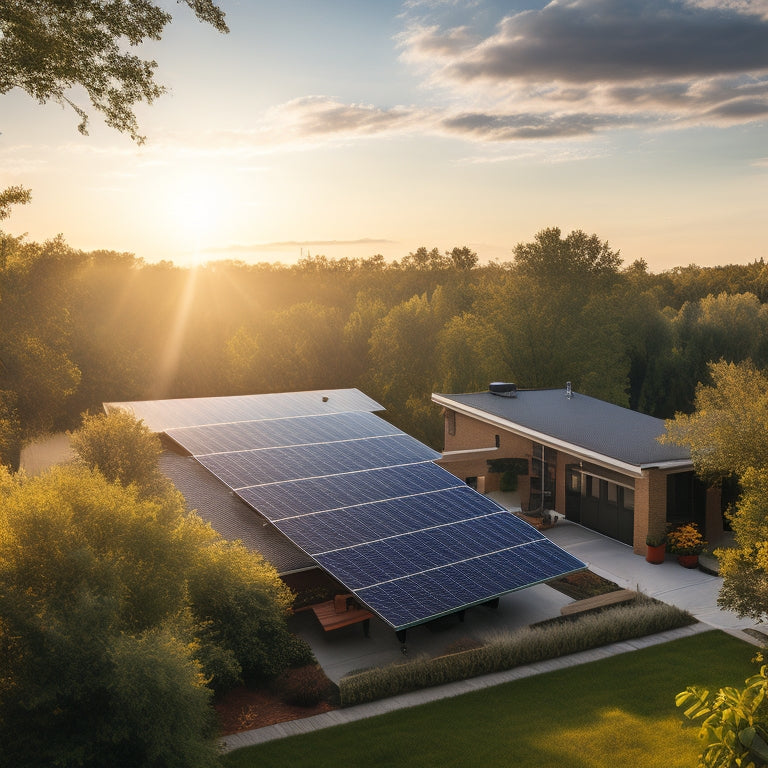 A serene suburban rooftop with 12-15 sleek, black solar panels installed, surrounded by lush green trees, with a subtle hint of sunlight and a few fluffy white clouds in the blue sky.