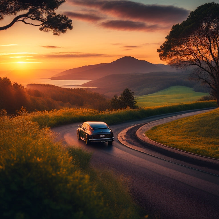 A serene landscape featuring a solitary EV parked beside a winding road, surrounded by lush greenery, with a subtle gradient of sunset hues in the background, evoking a sense of freedom and tranquility.