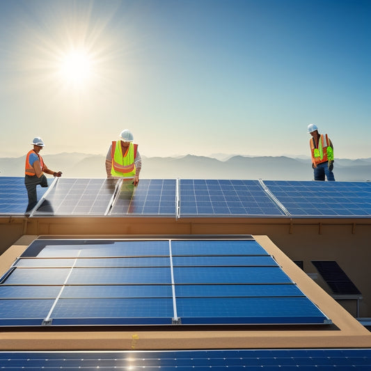 Illustrate a rooftop with a ladder leaning against it, a solar panel being carried up by a worker, and another worker in the background already installing panels in a staggered formation.