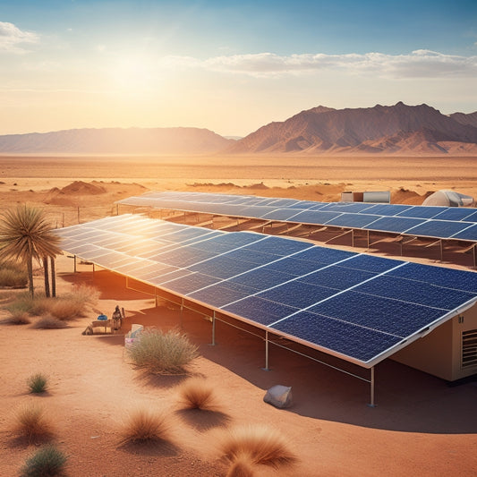 A photorealistic illustration of a sun-scorched desert landscape with several solar panels of different brands and models installed on rooftops, angled to maximize energy absorption.