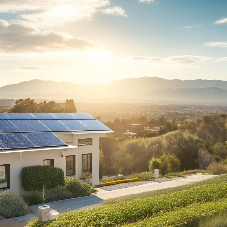 A sunny California landscape with a modern solar panel array on a rooftop, surrounded by lush greenery, with a subtle background of a cityscape and a few fluffy white clouds.