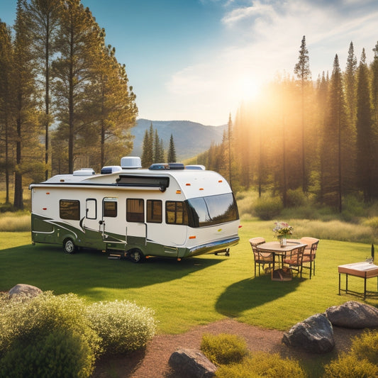 A serene landscape featuring a parked RV surrounded by lush greenery, with three to five solar panels installed on its roof, angled towards the sun, with a few batteries visible in the RV's exterior storage compartment.