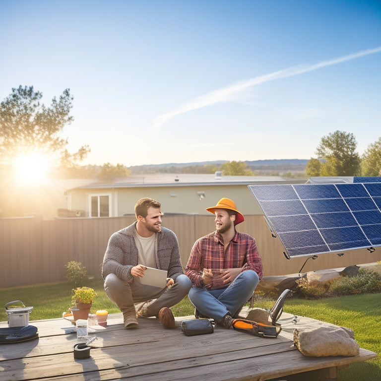 A sunny American backyard with a newly installed solar panel system on the roof, a technician in the foreground holding a tablet and smiling, surrounded by tools and a cityscape in the background.