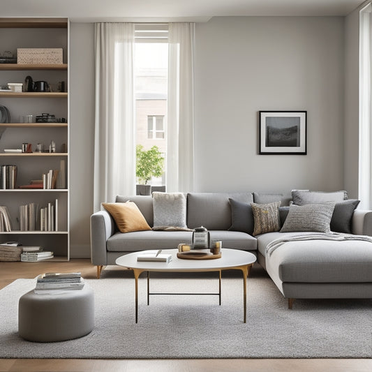 A minimalist, modern, 500 sq. ft. living room with a sleek, compact sofa, a small, round coffee table, and a floor-to-ceiling bookshelf with limited, carefully curated items.