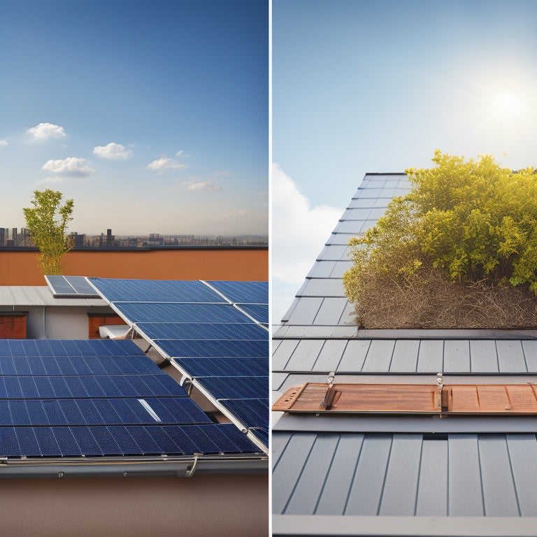 A sunny rooftop with a few solar panels, one with a slight tilt, another with a leaf-covered surface, and a third with a small crack, alongside a toolbox and a ladder.