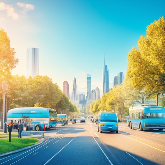 An illustration of a bustling cityscape with a bright blue sky, featuring sleek electric vehicles of various types (cars, buses, motorcycles) replacing traditional gas-powered counterparts, amidst lush green trees and clean energy installations.