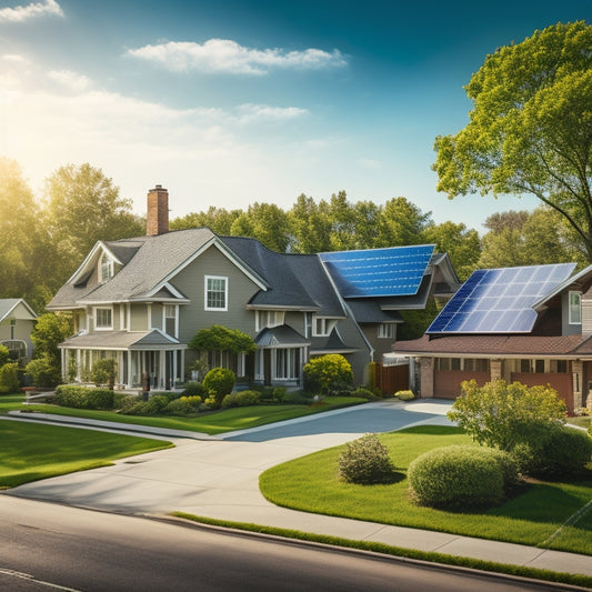 A serene, sunny suburban street with multiple houses, each with shiny solar panels installed on their rooftops, surrounded by lush green trees and a clear blue sky.