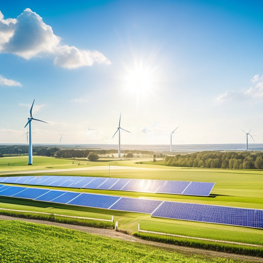 A serene landscape with a vast, sun-kissed field of solar panels, surrounded by lush greenery, with a few wind turbines in the distance, under a bright blue sky with a few puffy white clouds.