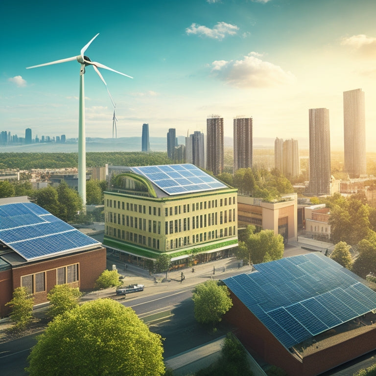 An illustration of a cityscape with a mix of modern and historic buildings, showcasing various sustainable energy sources: solar panels on rooftops, wind turbines in the distance, and a green roof with lush vegetation.