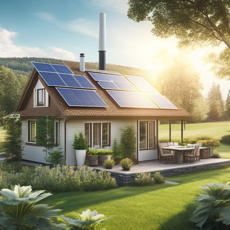 An illustration of a small, eco-friendly home with solar panels on the roof, surrounded by lush greenery, with a bright sun shining down, and a subtle wind turbine in the background.