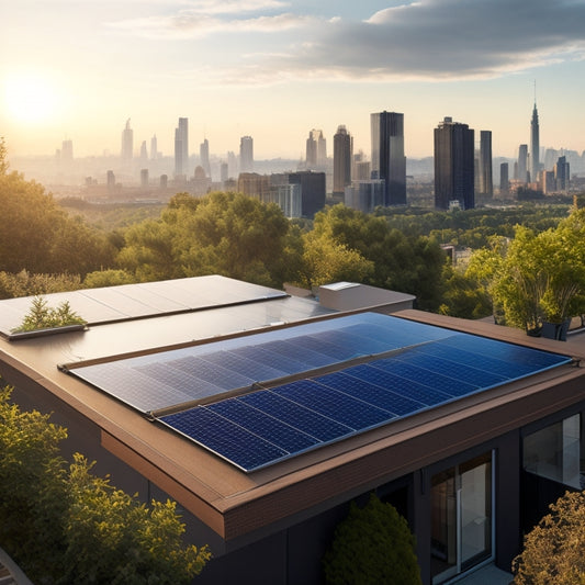 A serene, sun-kissed rooftop with sleek, silver-framed solar panels at varying angles, surrounded by lush greenery, with a subtle cityscape or suburban background, conveying eco-friendliness and modernity.