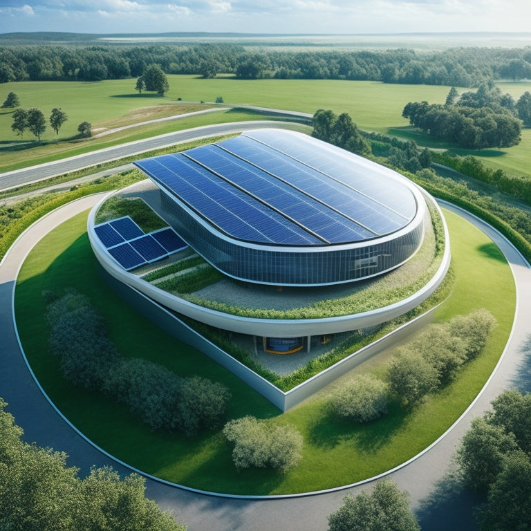 A futuristic school building with solar panels on the roof, wind turbines in the background, and a green roof with lush vegetation, surrounded by a recycling bin and a water-saving fountain.