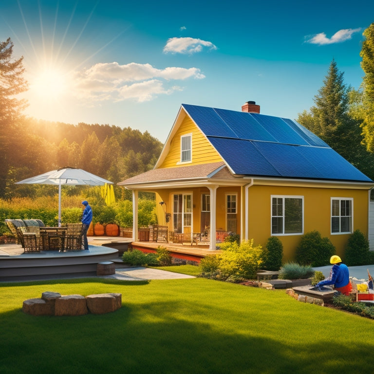 A serene suburban backyard with a single-story house, a sunny sky, and a few trees, featuring a technician in a yellow hard hat and orange vest installing solar panels on the roof.