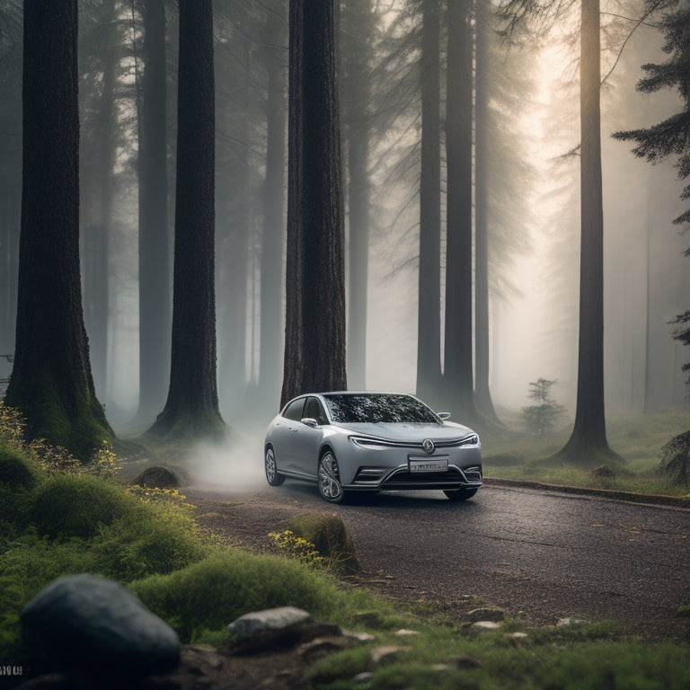 A serene, misty forest background with a sleek, silver electric car parked in the foreground, surrounded by lush greenery and a few scattered, shiny, eco-friendly car batteries.