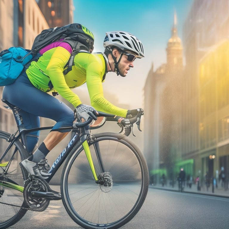 A colorful illustration featuring a cyclist in motion, surrounded by essential accessories like a helmet, gloves, reflective vest, water bottle, bike lock, and a backpack, set against a blurred urban background.