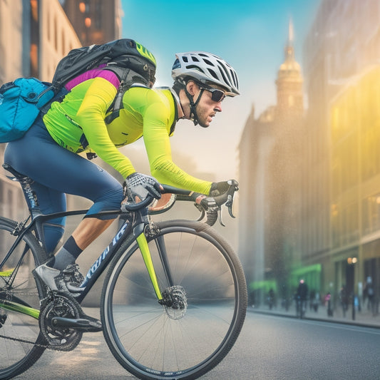 A colorful illustration featuring a cyclist in motion, surrounded by essential accessories like a helmet, gloves, reflective vest, water bottle, bike lock, and a backpack, set against a blurred urban background.