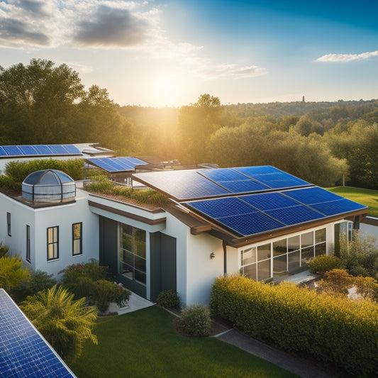 A serene residential rooftop with a clean and well-maintained solar panel system, with a few panels slightly angled or removed to reveal a bright blue sky, surrounded by lush green trees.