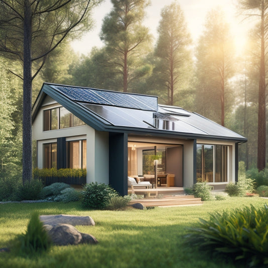 A serene illustration of a small, modern home with a pitched roof, surrounded by lush greenery, featuring a sleek solar panel system installed on the roof, with a few panels angled differently to maximize energy harvesting.