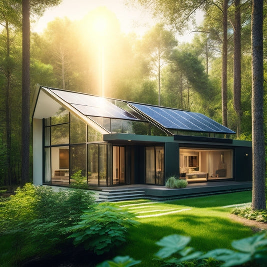 A serene, modern home surrounded by lush greenery, with sleek solar panels integrated into the roof, angled to capture sunlight, and a subtle, glowing aura emanating from the windows, symbolizing energy efficiency.