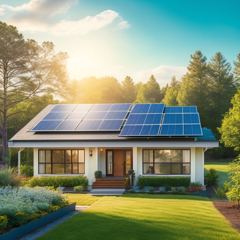 A serene suburban home with a sleek, modern solar panel array on the roof, surrounded by lush greenery and a bright blue sky with a few wispy clouds.