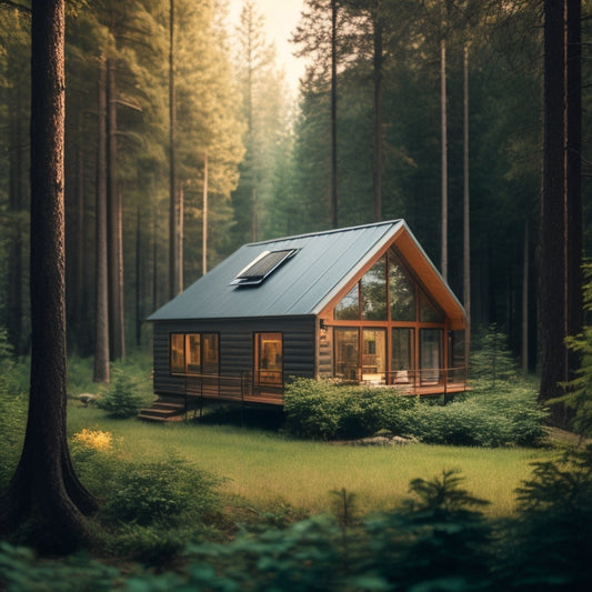 A serene cabin nestled among towering trees, surrounded by a lush green forest, with a solar panel array on the roof and a battery bank visible through a window.