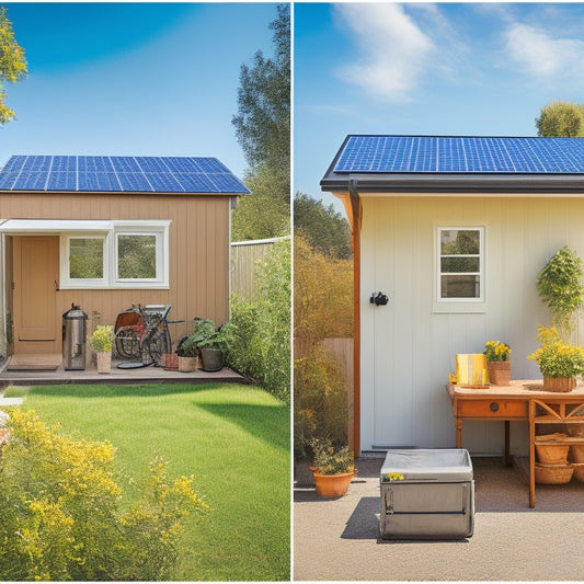 A split-screen image: a sunny backyard with a rooftop solar panel array and a sleek, modern battery storage system, contrasted with a cluttered, outdated utility room with tangled wires and old equipment.