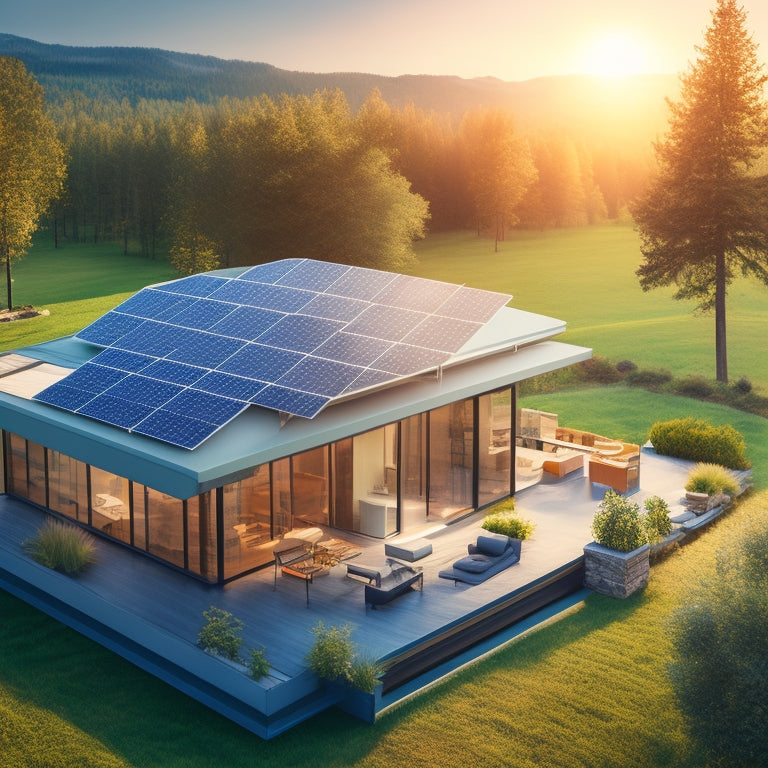 A serene landscape with a modern house featuring a partially installed solar panel array on its rooftop, surrounded by measuring tapes, calculators, and architectural blueprints scattered on a wooden table.