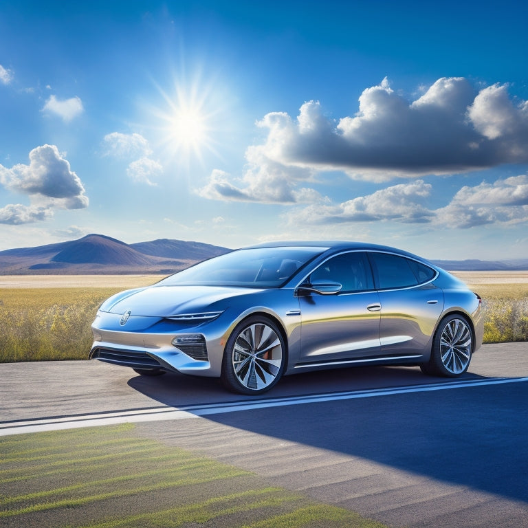 An illustration of a sleek, silver car with the hood up, revealing a shiny, well-maintained battery, surrounded by solar panels and a trickle charger, set against a bright blue sky with fluffy white clouds.