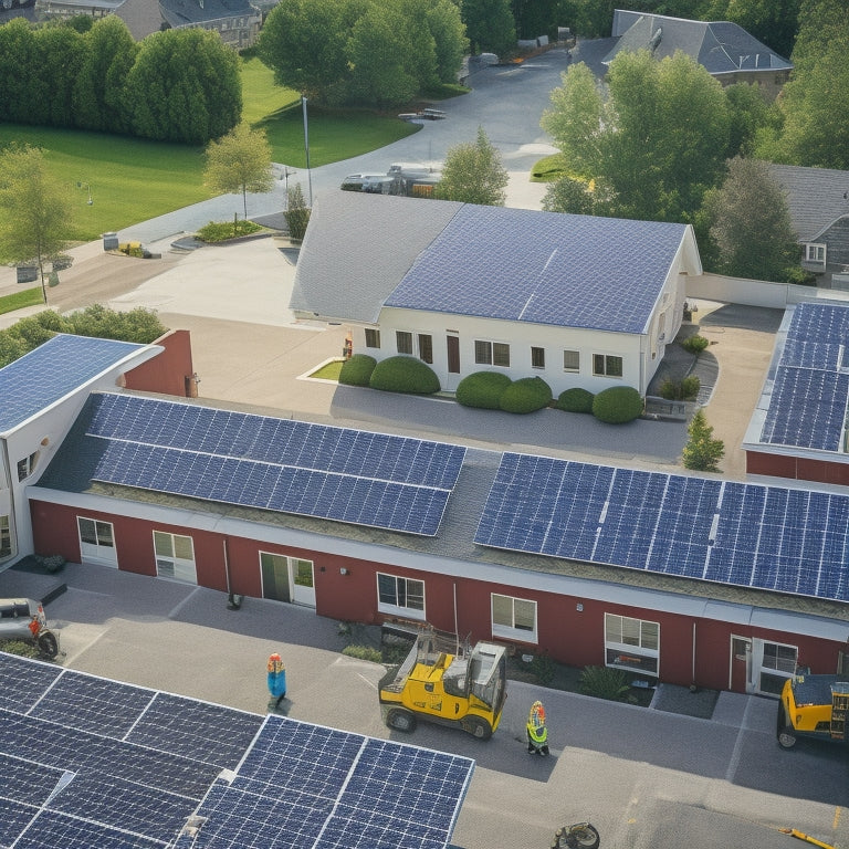 An aerial view of a residential rooftop with solar panels being installed, with workers in orange vests and harnesses, ladders, and equipment scattered around, amidst a suburban neighborhood backdrop.