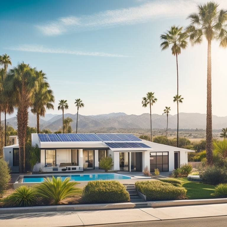 A serene California landscape with a modern home in the distance, featuring a sleek solar panel array on its roof, amidst a backdrop of sunny blue skies and swaying palm trees.