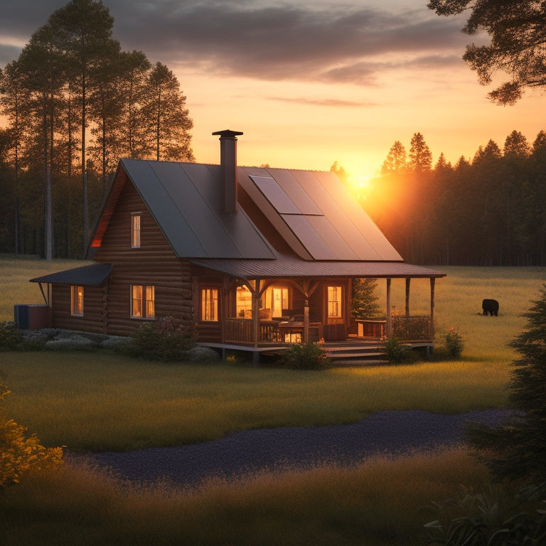 A serene off-grid homestead at sunset, featuring a rustic cabin with a pitched roof, surrounded by lush greenery, and equipped with a solar panel array on the roof and a sleek storage system beside it.