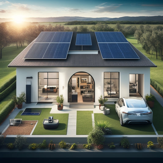 A stylized illustration of a modern home with solar panels on the roof, surrounded by various battery types and brands, such as Tesla Powerwall, LG Chem, and Sonnen, in a circular arrangement.