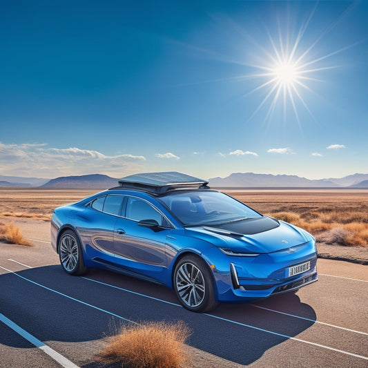 An illustration of a car with the hood up, revealing a sleek, high-tech battery compartment with two solar panels attached, cables and wires neatly organized, set against a bright blue sky.