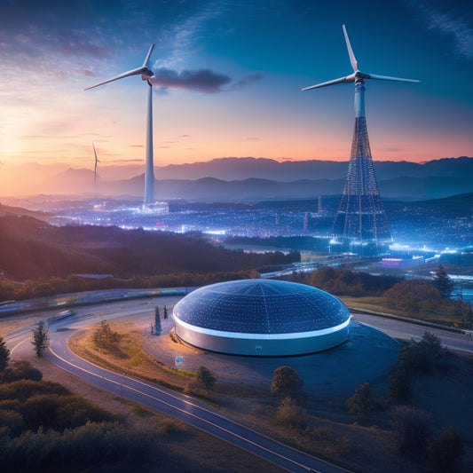 A futuristic, sunset-lit landscape featuring sleek, curved batteries and sleek, silver solar panels, with glowing blue circuits and wires connecting them, set against a backdrop of wind turbines and a cityscape.