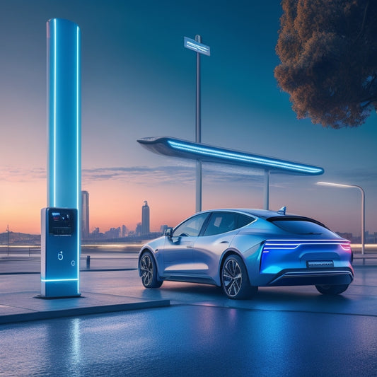 A futuristic, minimalist illustration featuring a sleek, silver electric vehicle parked in front of a modern, glowing charging station with neon-blue accents and a subtle cityscape background.