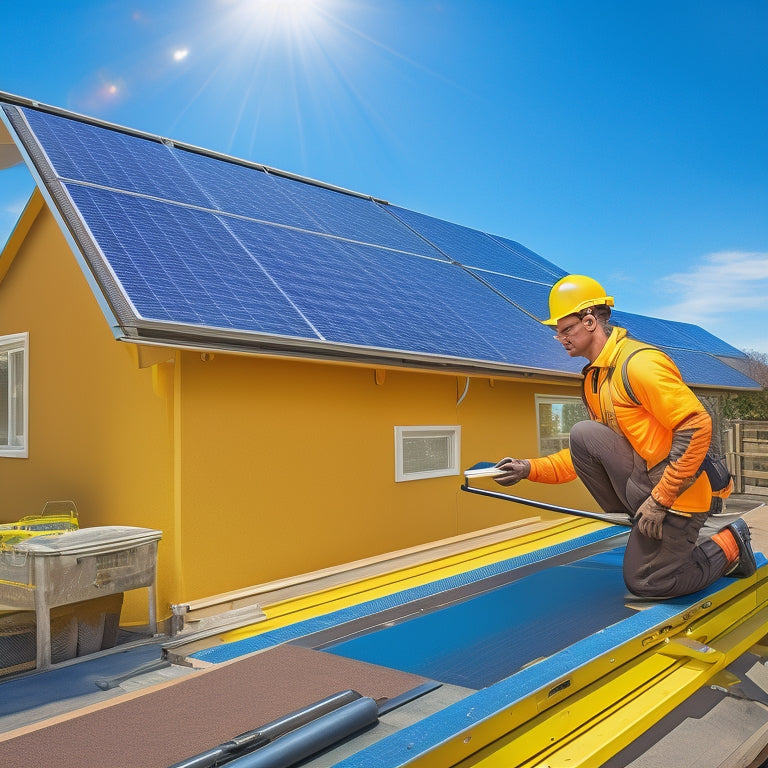 An illustration depicting a sunny backyard with a technician in a yellow hard hat and vest, holding a tablet, standing near a partially installed solar panel array on a roof, with a ladder and toolbox nearby.